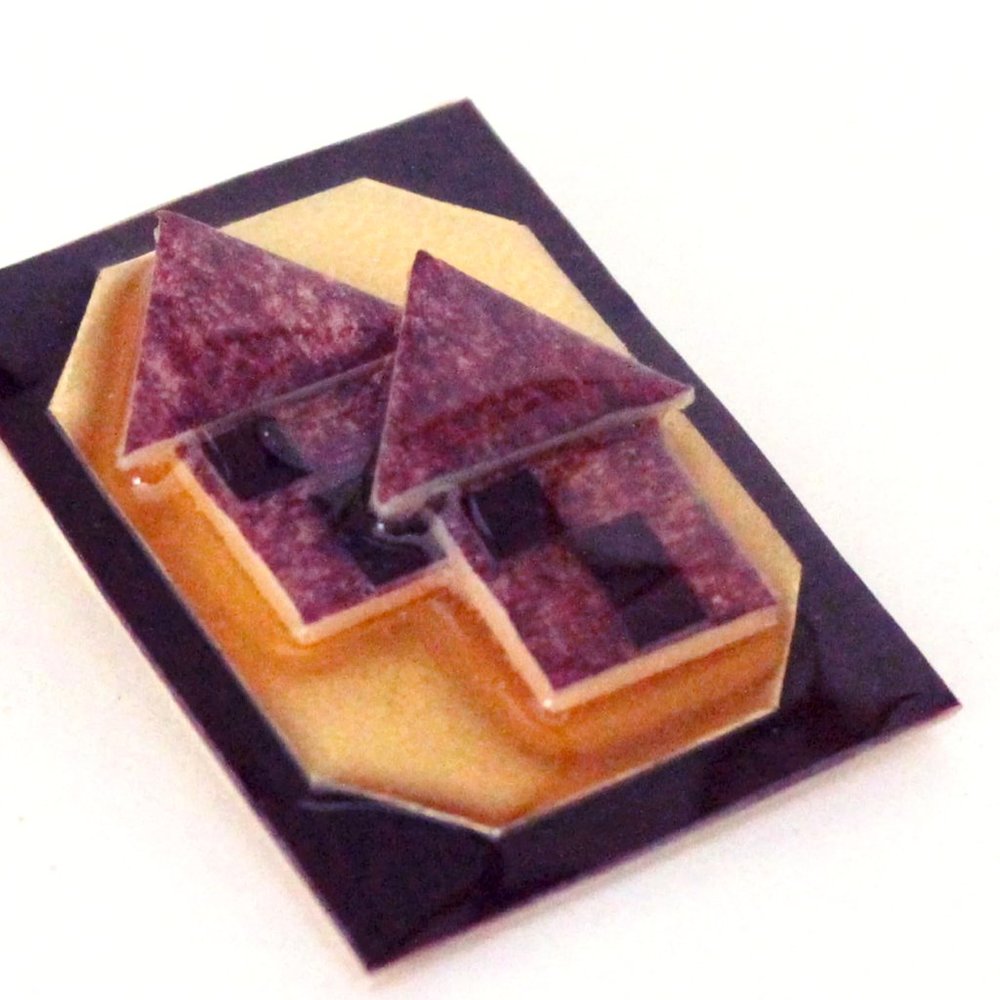 Vintage 80's Handmade Resin House Brooch, Burgundy and Gold Retro Jewelry
